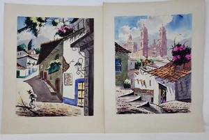 13x10 ORIGINAL WATERCOLOR PAINTINGS ON CARDBOARD - VINTAGE, LATIN AMERICA MEXICO - Picture 1 of 24