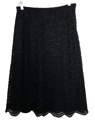 CHARTER CLUB Size 4 Lined Black Floral Lace Midi Skirt 100% Silk Scalloped hem  - Image 1 of 4