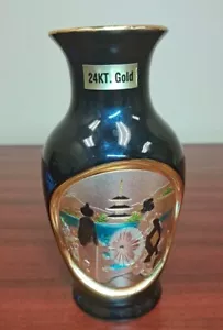 The Art Of Chokin Japanese 24k Gold Trim Vase Black Geisha Temple Scene 6" Tall - Picture 1 of 7