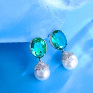 Cubic Zircon Leaf Flower Big Green Stone Dangle Drop Pearl Earrings Chic Jewelry - Picture 1 of 6