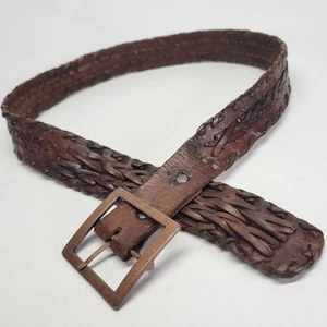 Handmade Leather Belt 36 38 Braided Stitched Brown Distressed Vtg - Picture 1 of 16