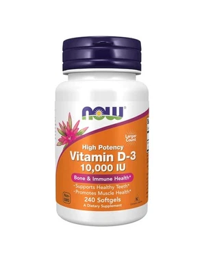 NOW FOODS Vitamina D-3 10 000 UI 240 Cápsulas Blandas Exp 7/26 Foto 1 de 4