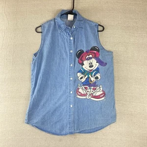Vtg. Women's Med Mickey Mouse Graphic Denim Button Up Shirt Vest Jerry Leigh 80s - Picture 1 of 8