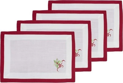 Embroidered Holly Festive Design White and Red 13"x19" 4-Piece Placemats - Image 1 of 4