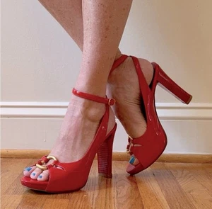 Brazilian BRONX Red Patent Leather Ankle Strap Peep Toe Heels Sz 37 - Picture 1 of 10