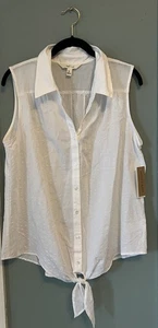 NUEVO CON ETIQUETAS $48 Blusa de algodón blanca con botones sin mangas Land 'n Sea al por menor L Nueva - Imagen 1 de 9
