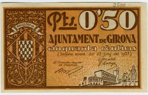☆ SPAIN CIVIL WAR 1937 • GIRONA 50 CENT MUNICIPAL ☆ GUERRA CIVIL ESPAÑOLA ☆D1529 - Picture 1 of 2