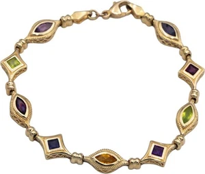 14k Yellow Gold 5.0CT Assorted Rainbow Gemstone Fancy Link Bracelet - Picture 1 of 5