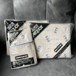 Vintage Pequot No-Iron Percale Double Sheets Pillow Case Set Beige Blue Floral - Picture 1 of 13