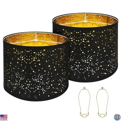 Set of 2 Large Starlight Drum Lamp Shades 15"x12" with Spider Fitter & Gold Base - Image 1 of 4