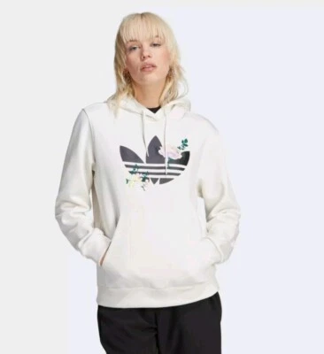 ADIDAS WOMEN CLOUD WHITE/BLACK FLOWER EMBROIDERED STRIPE HOODIE PANT SET SZ L - Image 1 of 4