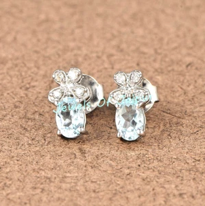 Plata de ley 925 6x4 mm corte ovalado aguamarina piedras preciosas mujer aretes regalo - Imagen 1 de 3