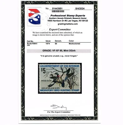 EXCELLENT GENUINE SCOTT #RW41 MINT PRISTINE OG NH PSE CERT GRADED VF-XF 85 - Image 1 of 3