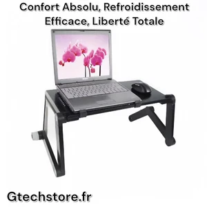 Support ordinateur portable pliable, réglable, ventilé, avec tapis de souris - Photo 1/9