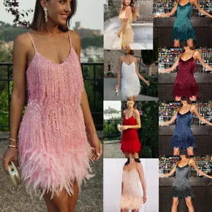 Women Fringe Sequin Feather Stitching Dress Slim V-Neck Dresses Female Slip - Picture 1 of 32