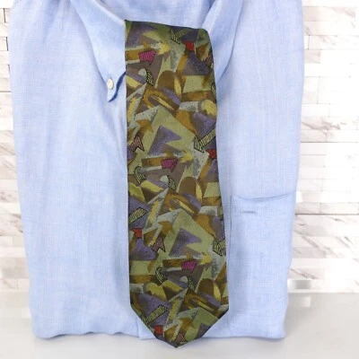 Corbata de cuello Mission para hombre verde geométrica seda lujo ejército retazos arte raro Italia Foto 1 de 4