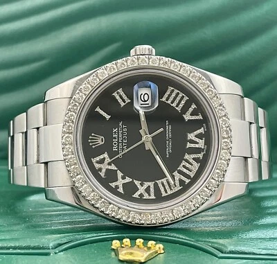 Rolex Men Datejust 41mm Oyster Steel Watch ICED 2.50ct Diamond Black Roman Dial - Image 1 of 4