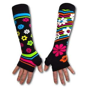 Fingerless Gloves Arm Warmers Black Sleeves Bright Flowers United Oddsocks Gift - Picture 1 of 1