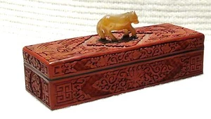 ANTIQUE 18c CHINESE RED CINNABAR LONG JEWELRY BOX PHOENIX MOTIF W/JADE HORSE  - Picture 1 of 12