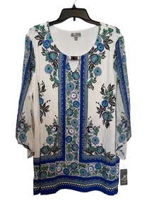 Top grafico JM Collection donna buco della serratura manica 3/4 2X blu/verde erbe giardino - Foto 1 di 6