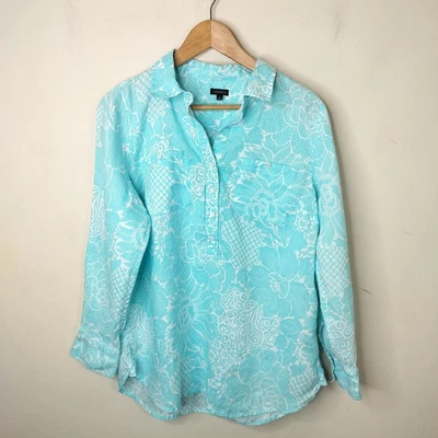 Talbots Womens Linen Floral Shirt L Large Long Sleeve Popover Aqua Blue - Image 1 of 4