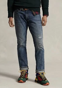 POLO RALPH LAUREN Varick Slim Straight Distressed Jeans Herren 34x34 Blau Neu mit Etikett - Bild 1 von 11