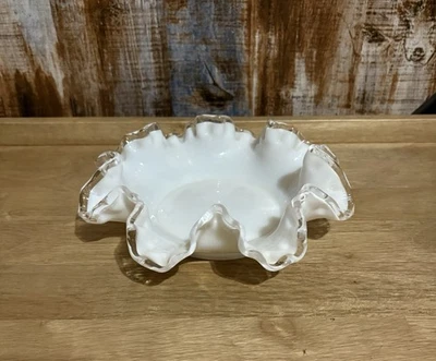 Fenton Vintage Milk Glass White Silver Crest Clear Ruffled Edge Bowl Candy Dish - Image 1 of 4