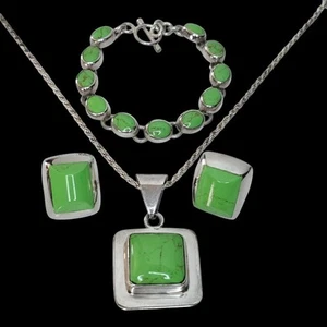 Taxco Sterling Collana LIME Gaspeite Pendente Bracciale Orecchini Set Messico - Foto 1 di 19