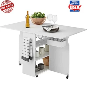 Multipurpose Folding Dining Table W/ Wheels Storage Shelves Space Saving Design - Picture 1 of 5