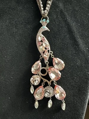 BETSEY JOHNSON "PINKTINA" PINK PATINA CRYSTAL PEACOCK LONG PENDANT NECKLACE - Image 1 of 4