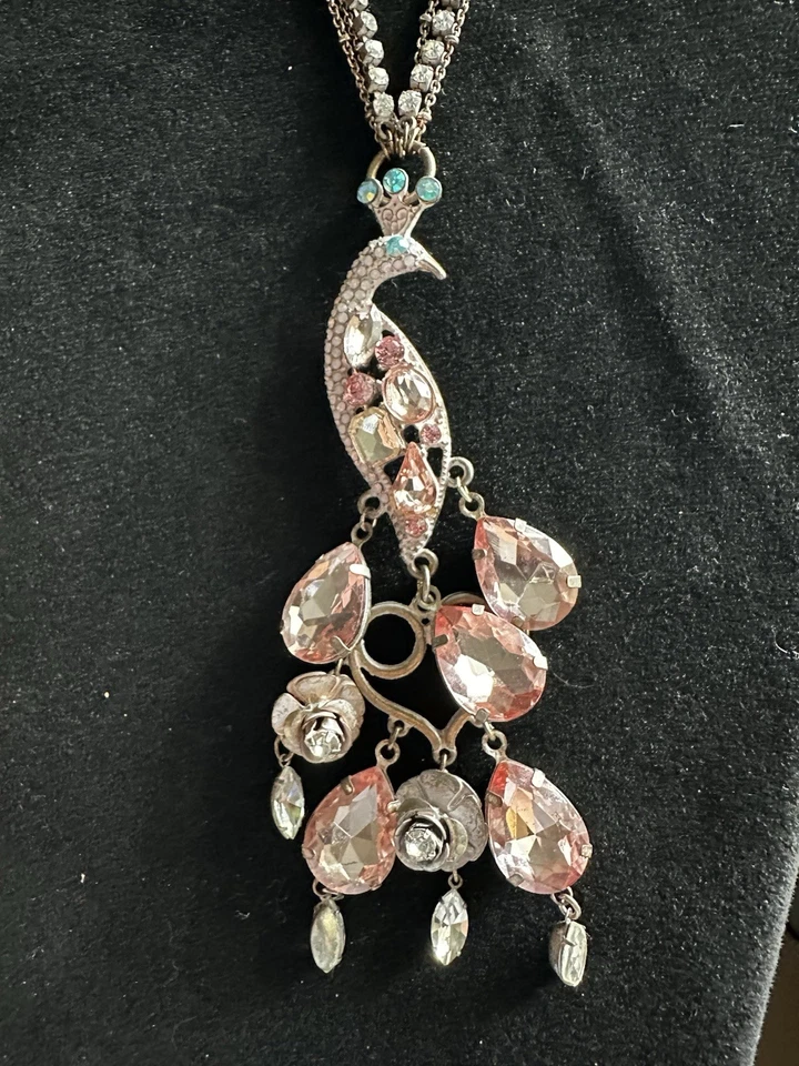 BETSEY JOHNSON "PINKTINA" PINK PATINA CRYSTAL PEACOCK LONG PENDANT NECKLACE - Image 1 of 4
