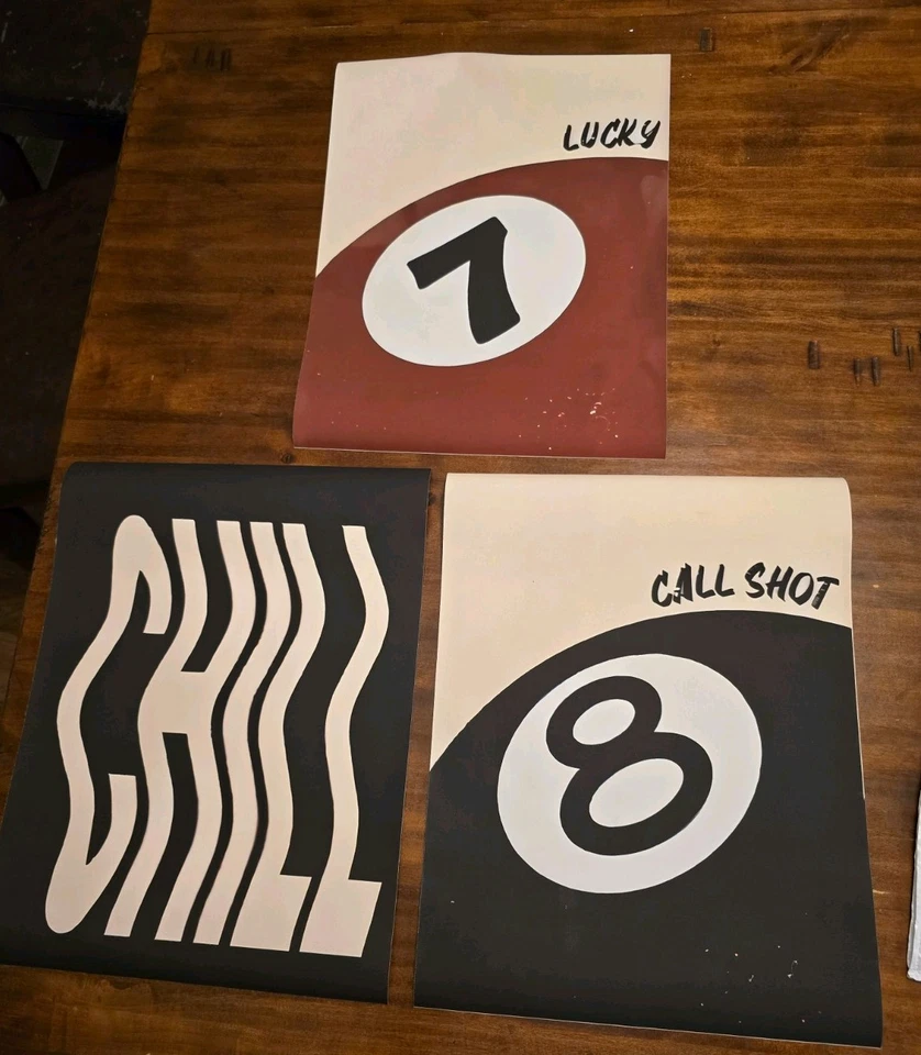 Lot of 3 art prints billiard-themed designs "LUCKY" "CHILL" "CALL SHOT" - Image 1 of 3