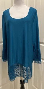 Slinky Brand Top Womens SZ 2X Teal Scoop Neck Lace Trim Tunic Stretch 3/4 Sleeve - Picture 1 of 18