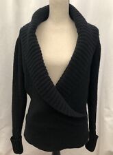 Ted Baker Faux Wrap Lambswool Cashmere Sweater Size 4 Black Shawl Collar Womens