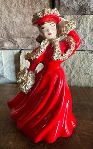 Vintage Ceramic Women In Red Dress with Gold Spaghetti Noddle Trim 6" Figurine - Picture 1 of 10