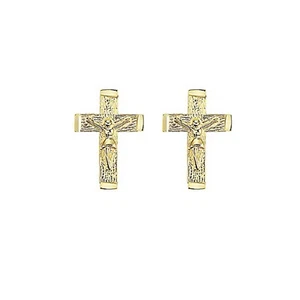 14K Yellow Gold Mini Cross Crucifix Stud Earrings - Picture 1 of 5