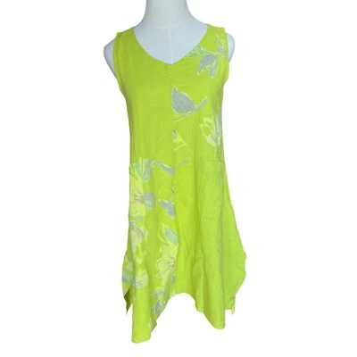 Cristina Vergani Chartreuse Linen Lagenlook Midi Floral Swing Dress Sz Small - Image 1 of 4