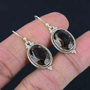 Smoky Quartz Gemstone Solid 925 Sterling Silver Drop Dangle Earrings E-1339 - Picture 1 of 4