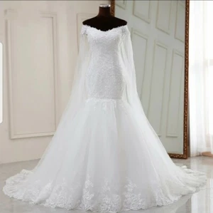 UK White/Ivory off Shoulder Mermaid Train Beaded Lace Wedding Dresses Size 6-18 - Picture 1 of 6
