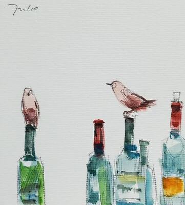 JOSE TRUJILLO Watercolor Painting Collectible ORIGINAL Wine Bottles Birds - Image 1 of 4
