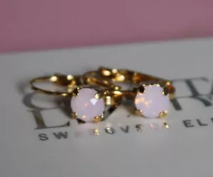 Gold Plated Earrings made with 6mm Rose Water Opal Swarovski Crystal Element - Picture 1 of 4