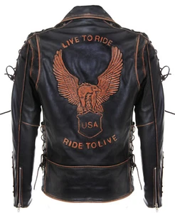 Chaqueta de Motociclista de Cuero ÁGUILA Vintage Black Brando ""LIVE TO RIDE"" en relieve para Hombre - Imagen 1 de 4