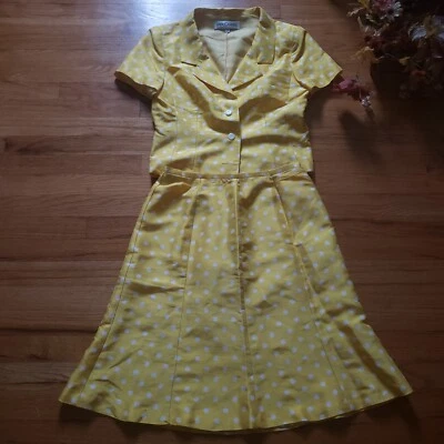 Traje Falda Sara Campbell Talla 8 Amarillo Blanco Lunares 100% Seda Hasta la Rodilla Foto 1 de 4