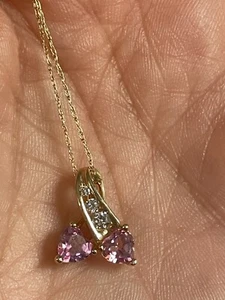 1990'S 10K GOLD TWO PINK ICE HEART BYPASS NECKLACE 18 INCH -FREE SHIP (A) - Picture 1 of 8