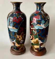 Pair Meji Japan Cloisonne Lamp Bases Vase s 12" Phoenix Dragon Silver Wire