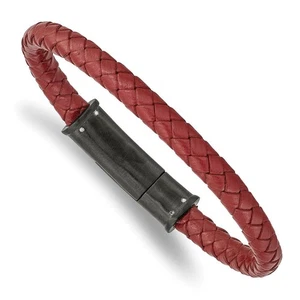Black Plated Stainless Steel, Red Leather 6mm Braided Bracelet, 8.5 In - Picture 1 of 6