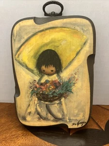 Vintage DeGrazia Blumenjunge Holz Wandkunst Plakette Wohndeko 4 "mal 5,25" - Bild 1 von 6
