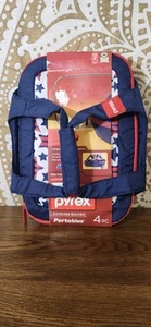 Seltene Pyrex Portables 4 Stück 4th Of July Patriotisch Isoliert Träger & Geschirr Neu  - Bild 1 von 9