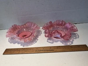 Pair Vintage Fenton Cranberry Glass Pink Hobnail Ruffled Edge Bowls Excellent - Picture 1 of 15
