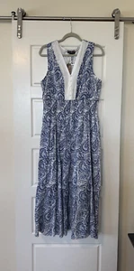 J. Gee Dress Size XL White Blue Smocked Sleeveless  Summer V-Neck NEW W TAGS - Picture 1 of 7